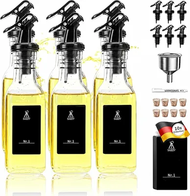 Produktbild von Ölflasche mit Ausgießer, 160 ml (6er-Pack) - Glasbehälter für Olivenöl mit 10 selbstklebenden Etiketten - Öl- und Essigspender