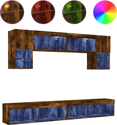 Productafbeelding van 6-delige tv-wandmeubelset met LED bewerkt hout gerookt eiken