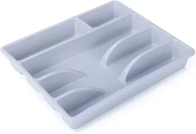 Produktbild von PolkaHome® Besteckkasten mit 5 Fächern – Besteckorganizer für Schubladen, Kunststoff, 26 x 31 x 4,5 cm, Hellgrau