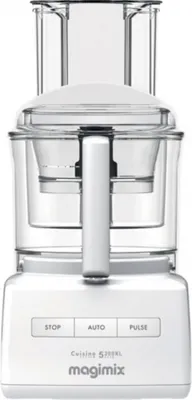A white Magimix food processor is shown from the front.