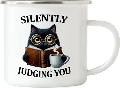 Produktbild von Silently Judging You Emaille Tasse Lustige Katze Nerd Humor Buch Leser Geschenkidee