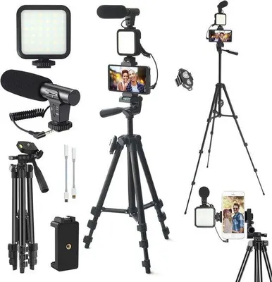 Zdjęcie produktu dla Zestaw do vlogowania na smartfon i aparat fotograficzny ze statywem, mikrofonem i oświetleniem