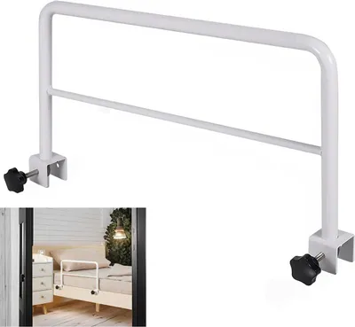 A white metal bed rail is shown against a white background. A smaller inset image shows the bed rail installed on a bed.