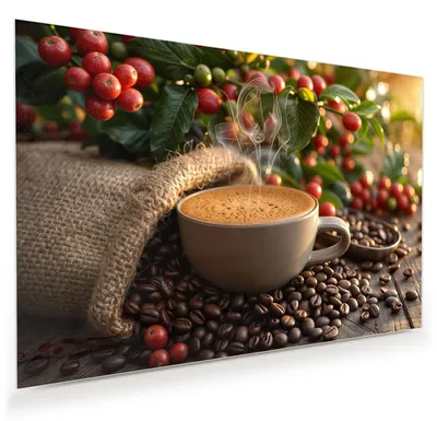 Produktbild von Glasbild 120x80cm in XXL für Wohnzimmer, Schlafzimmer Motiv Kaffeeerntemorgen