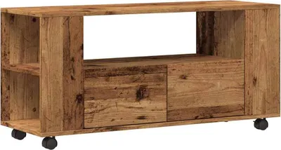 A wooden TV cabinet with wheels.