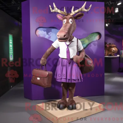 Productafbeelding van Mascottefiguur REDBROKOLY van een paarse Ierse eland gekleed met een mini-jurk en aktetassen