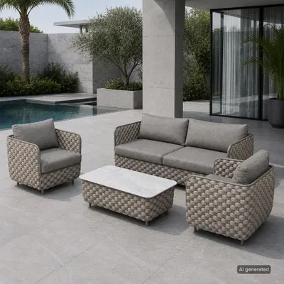 Immagine prodotto di Set di mobili da giardino composto da 4 pezzi: un set lounge con 2 poltrone, una panca a due posti e un tavolo. Gruppo di sedute resistente agli agenti atmosferici, ideale per giardino e balcone. Colore: grigio /TB627-HUI/