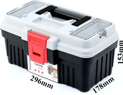 Produktbild von Kistenberg Werkzeugkasten OPTIMA 30, 296 x 178 x 153 mm, Schwarz/Grau/Rot, aus ABS, Elastomer & stoßfestem Polycarbonat, mit Werkzeugträger, 2 Organizern, 6 Bitpositionen und ergonomischem Griff, 6 kg Ladekapazität, recycelbar.