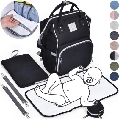 Produktbild von Daliya® PAKMI Wickelrucksack mit Schnullertasche & Wickelunterlage & Wickelunterlagentasche & Schlüsselanhänger - Wickeltasche Mamabag Tasche Rucksack mit viel Stauraum  - Schwarz