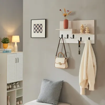 Zdjęcie produktu dla Wieszak ścienny 'Botaruvn' z 2 półkami i 5 podwójnymi haczykami 34 x 59 x 13 cm beżowy / biały