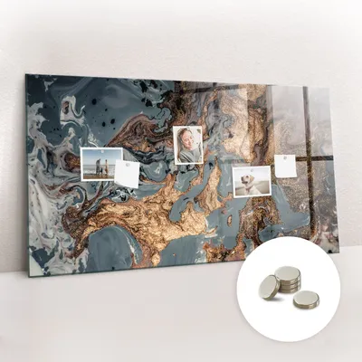 Imagen del producto de Pizarra magnética de pared, con superficie de vidrio y diseño arqueado. Incluye 5 imanes. Dimensiones: 120x60 cm. Diseño decorativo de mármol