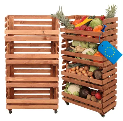 Produktbild von MODO24 Gemüseregal Holz, 4 Holzkisten, Kartoffelsteige, Obstregal, Rollenregal, Stapelbar, Vorratsregal, Massivholz Kiefer, 106x57x30 cm, Braun, RAWA