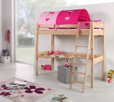 Produktbild von Hochbett Renate Buche Massiv Natur lackiert mit Schreibtisch und Textilset