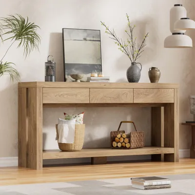 Produktbild von Konsolentisch 140cm×29.5cm×82.5cm, Beistelltisch Sofatisch mit 3 Schubladen & Regal  Holz Bauernhoftisch für Eingang, Flur, Wohnzimmer, Eichenbraun