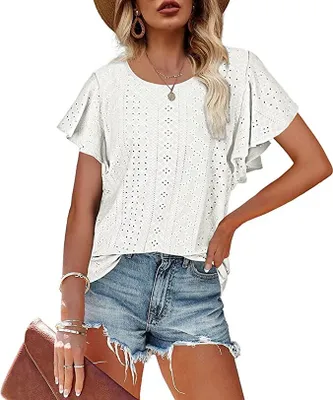 Produktbild von ASKSA Damen T-Shirt Rüschenärmel Bluse Aushöhlen Tops Casual Rundhals Loose Shirts, Weiß, M