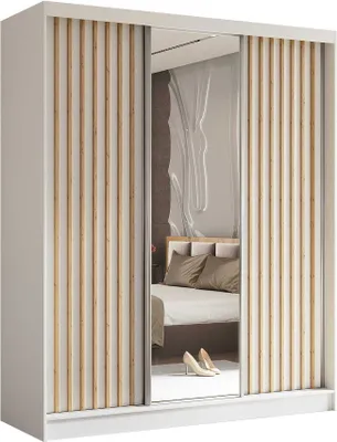 Produktbild von AGMAT Schwebetürenschrank Nevada, Kleiderschrank mit Spiegel und 3 Türen und 2 Schubladen, Moderne Garderobe in Farbe: Weiß, Schrank in Größe: 180 x 216 x 61 cm
