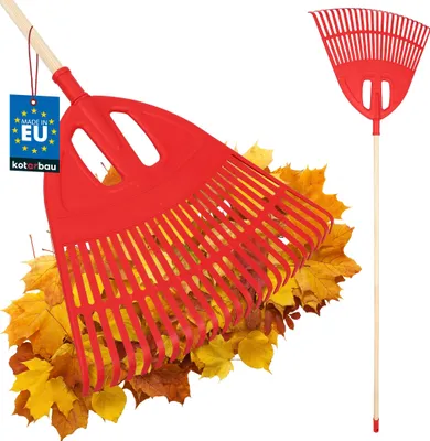 Image de KOTARBAU® Rateau À Feuilles Plastique 50 cm avec Manche en Bois Extra-Click Rateau Jardin Ramasse Feuilles Léger Rouge & Bois Ergonomique