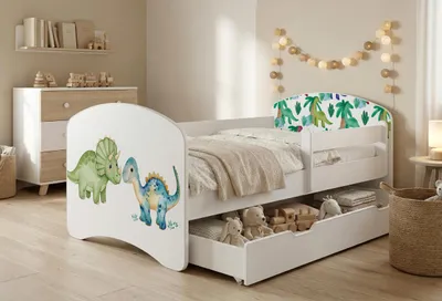 Produktbild von Happy Babies Kinderbett mit Rausfallschutz Junge 140x70 Bett für Kinderzimmer mit Schublade Matratze Einzelbett für Kinder Weiss, Dinosaurier