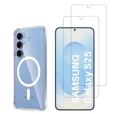 Produktbild von Hülle mit Magnetring für Samsung Galaxy S25 und 2 gehärtete Displayschutzfolien – Phonillico®