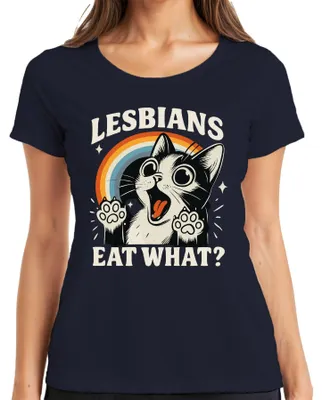 Productafbeelding van Lesbisch, kat, regenboog, retro, grappig, queer, schattig, ondeugend, dames T-shirt, marineblauw, maat S