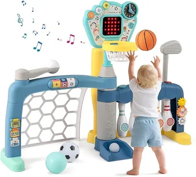 Produktbild von Kinder Basketballkorb, 5-in-1 Basketballständer mit Fußballtor, Golf, Bowling & Baseball, Sportspielzeug mit Licht & Sound, Indoor & Outdoor Basketballspiel Set für Kleinkind