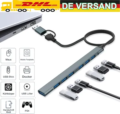Produktbild von 7 Port Splitter Adapter USB 3.0 Hub mit Aktiv Netzteil Verteiler für PC Laptop