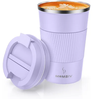 Productafbeelding van Thermobeker, isolerende beker, 380 ml, antislip, roestvrij staal, koffiebeker, dubbelwandig, vacuüm geïsoleerd, lekvrij, roze, paars