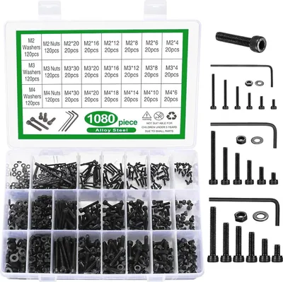 Produktbild von 1080-teiliges Schrauben-Set, M2 M3 M4 Innensechskantschrauben, Muttern und Unterlegscheiben, Schwarz Legierungsstahl