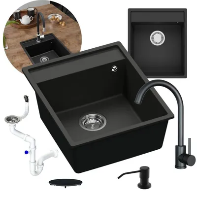 Produktbild von GRANMASTER Granitspüle Schwarz Set mit schwarzer Küchenarmatur, Platzsparender Siphon mit Überlauf, schwarzer Spender und Waschbecken-Abflussabdeckung