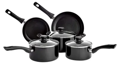 Image de Ensemble de 5 pièces de batterie de cuisine Amazon Basics avec revêtement antiadhésif, compatible avec les plaques à induction, avec couvercles, couleur noire