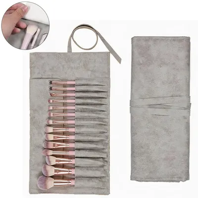 Produktbild von Make-up Pinsel Tasche 14 Fächer, Roll-Up Kosmetik Organizer Kunstleder, wasserabweisend, Reise Pinselhalter, leicht & kompakt, für Make-up Pinsel & Zubehör