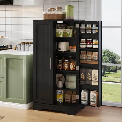 Immagine prodotto di Mobiletti da cucina 120x60x40, con illuminazione a LED attivata da sensore, 2 ante, ripiani regolabili, mensole interne e colore nero.