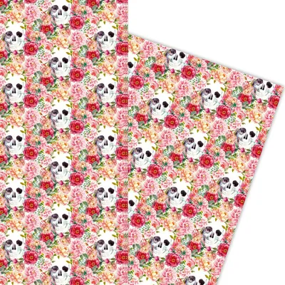 Produktbild von Florales Geschenkpapier mit Totenköpfen zwischen Blüten - G5866, 32 x 48cm
