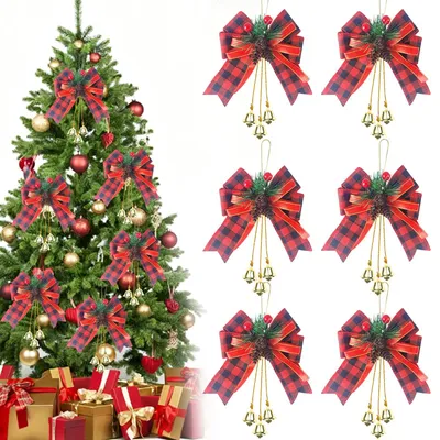 Weihnachtsbaum-Schleifen, 6 Stück, rot, mit Glöckchen, 30x13x4 cm