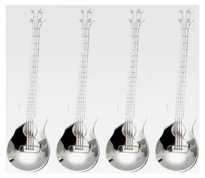 Produktbild von 4 Stück Kaffeelöffel in Gitarrenform aus Edelstahl, tragbares Set für Getränke und Desserts