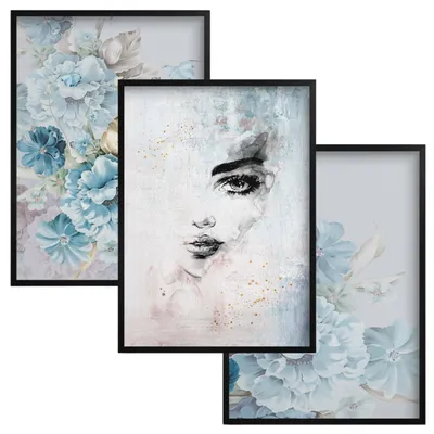 Produktbild von Poster fürs Wohnzimmer Schlafzimmer Bilder im schwarzen Rahmen Set Blaue Blumen