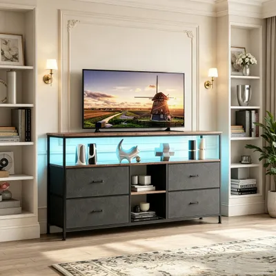 Productafbeelding van INONEFT Kommode met 4 lades, lades van stof, metalen frame, opbergkast met LED-verlichting, zwart. Kommode, 137 cm
