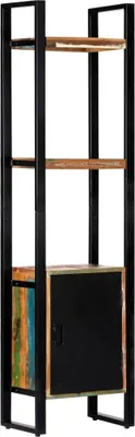 A tall, narrow bookshelf with a black metal frame and wooden shelves. The bottom section has a cabinet with a black door and a colorful, distressed wood panel on the side.
