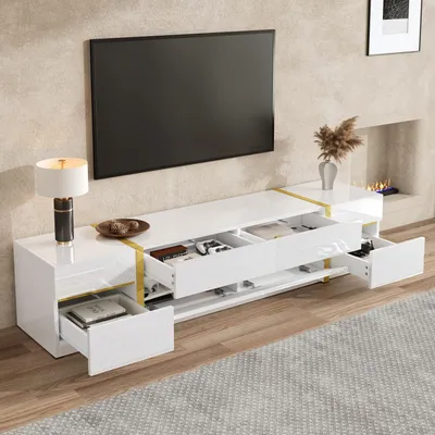 Obrázek produktu pro MODFU TV lowboard, vysoký lesk, TV skříňka se zásuvkami a dvířky, televizní stolek se zlatými lištami, TV nábytek s úložným prostorem, bílá, 180 x 40 x 38 cm