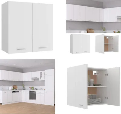 A collage of images showing white kitchen cabinets.