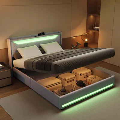 Produktbild von ProximaX Polsterbett 140x200 cm aus grauem Leinenstoff, modernes Design, mit LED-Bettkopflicht, USB-Ladeanschluss, LED-Bettfußlicht und Stauraum durch Gasdruckfeder-Funktion