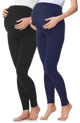 Produktbild von Be Mammy Damen 2er Pack Lange Umstandsleggings aus Baumwolle BE20-230 (Schwarz/Marineblau, XL)
