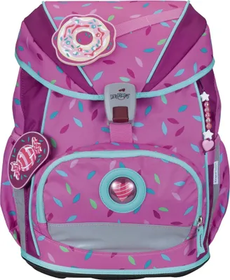 A pink children's backpack with a sprinkle pattern and candy-themed decorations.