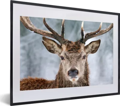 Produktbild von MuchoWow® MuchoWow® Gerahmtes Poster Hirsche - Geweihe - Schnee 60x40 cm - Poster mit zchwarzem Bilderrahmen - Schlafzimmer - Plakat in Rahmen - Drucken