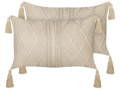 Obrázek produktu pro BELIANI Sada 2 dekorativních polštářů béžová bavlna 30 x 50 cm potahy s bavlněným vzorem provázky