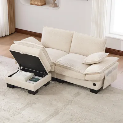 Immagine prodotto di Divano modulare okwish a due posti con uno poggiapiedi, ampio sedile ergonomico, divano lounge con porta USB-C, divano per soggiorno con tasche laterali, rivestito in velluto, color beige