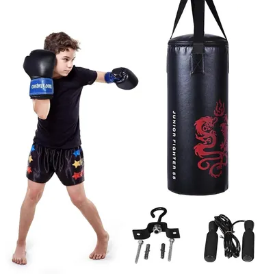Immagine prodotto di Set sacco da boxe - 10 kg - Per bambini - Con guantoni da boxe - Con corda per saltare - Nero