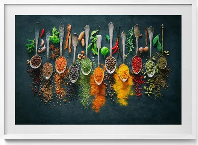 Produktbild von Löffel mit bunten Gewürzen– Wandbild mit Rahmen – Gerahmtes Bild  – Wanddekoration – 100x70 cm –  Weiß Rahmen