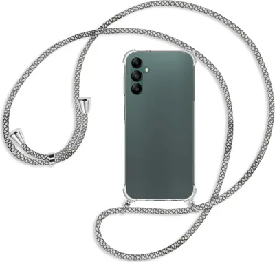 Produktbild von Handykette Backcover-Schutzhülle mit Band (Metall silberfarben) für Samsung Galaxy A14 5G - weiß/grau kariert