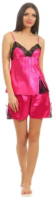 Produktbild von Damen Nachtwäsche Pyjama Set Kurz aus Satin & Spitze; Pink S